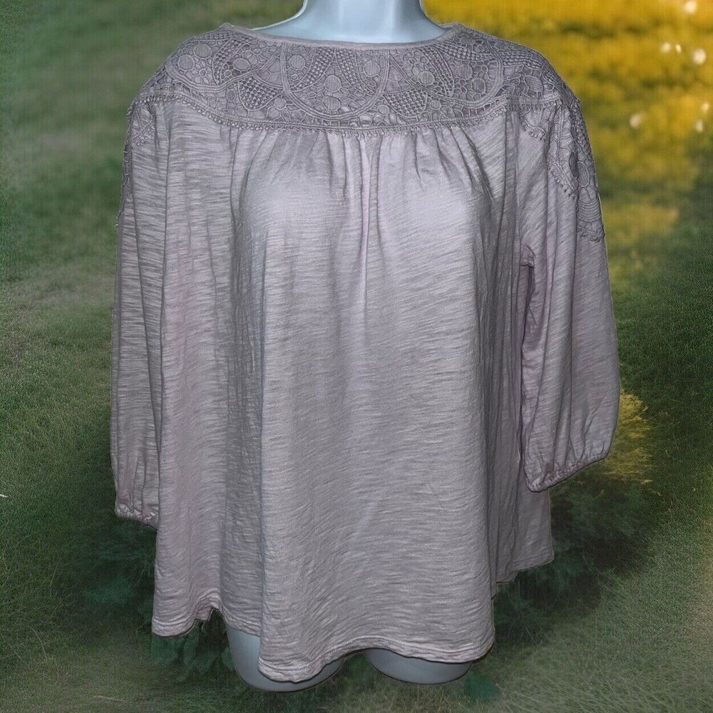 J Jill M Yoke Top Shirt Women Lavender Crochet Lace Slub Knit Boho